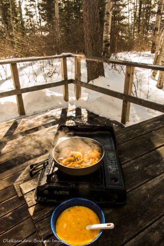 cooking breakfast outside at Windy Lake Provincial Park