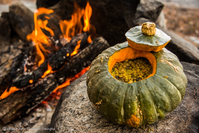 stuffed buttercup squash by the campfire